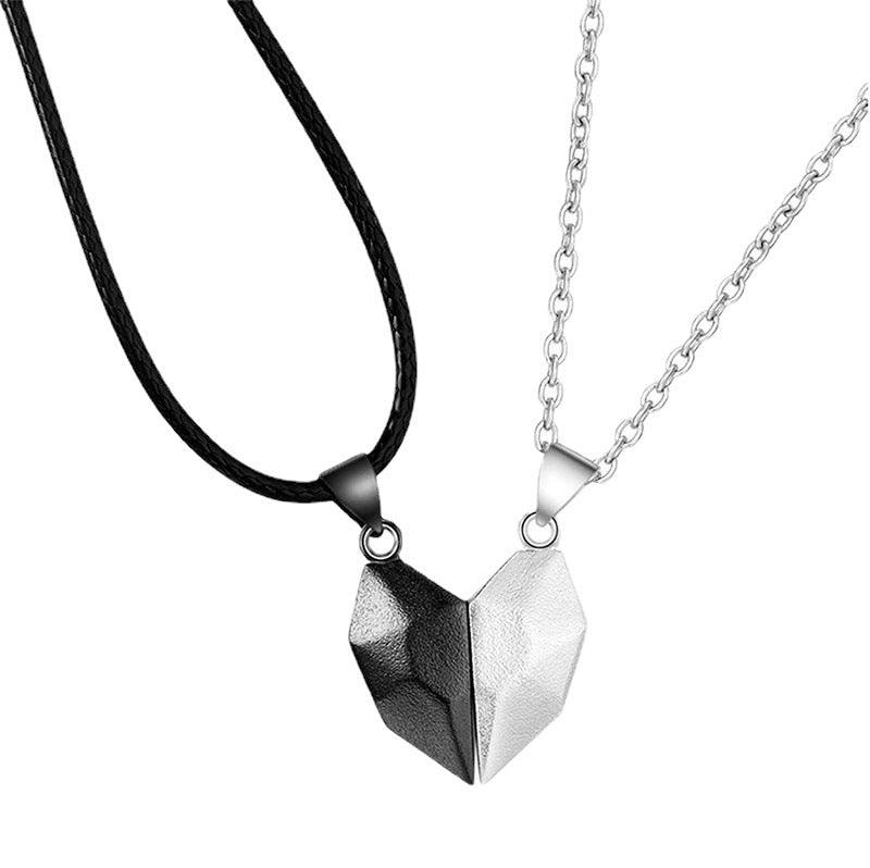 Vembley 2 Pcs Black and Silver Matching Magnetic Heart Couples Pendant Necklace - Vembley