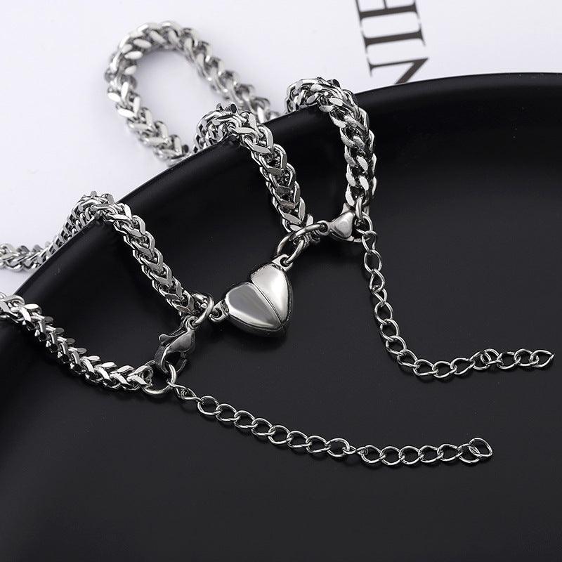 Vembley 2Pcs Loving Magnet Bracelet Stainless Steel Heart shaped Romentic Love Couples Friedship promise 2 in 1 duo Wrist Band Bracelet Attractive Valentine's Gift for Men and Women - Vembley