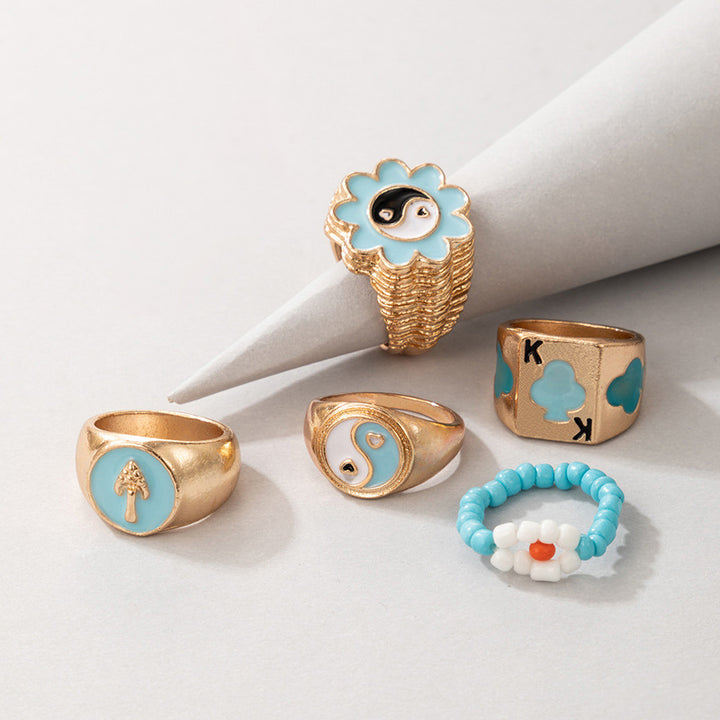 Bead Flower Playing Card Mushroom Blue Ring Set