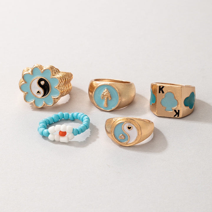 Bead Flower Playing Card Mushroom Blue Ring Set