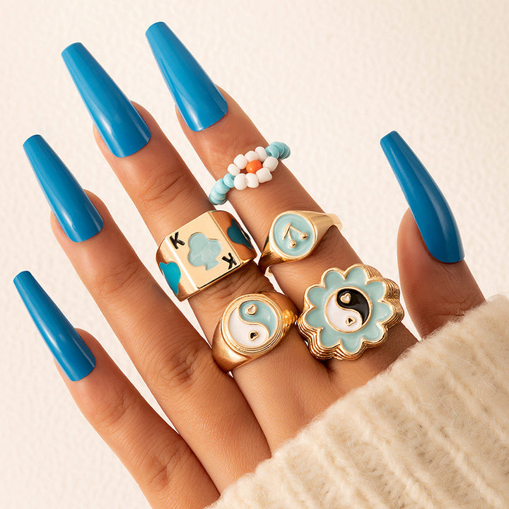 Bead Flower Playing Card Mushroom Blue Ring Set