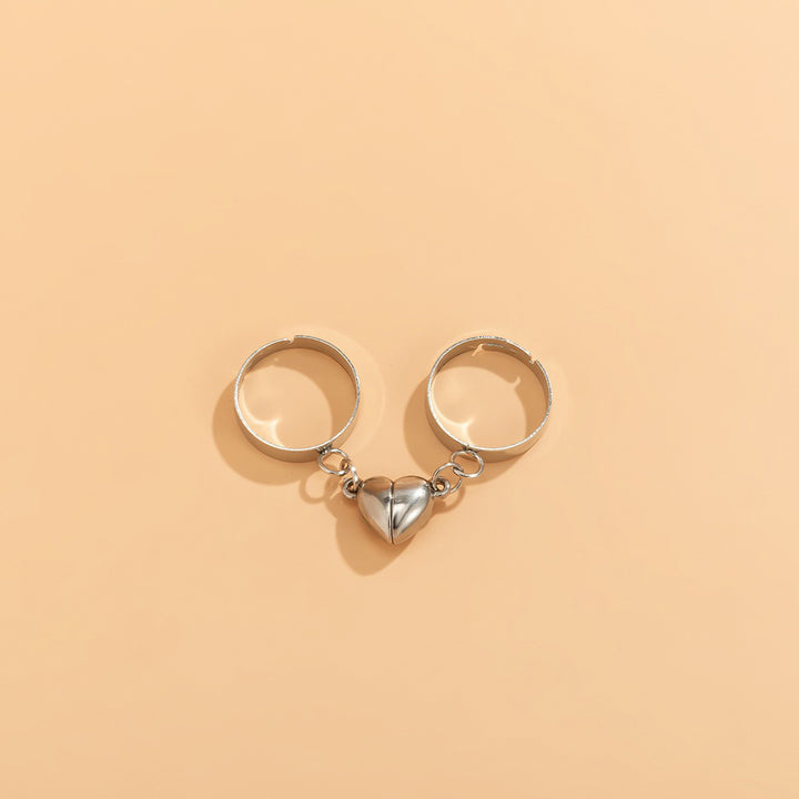 Magnetic Heart Silver Matching Love Couple Rings
