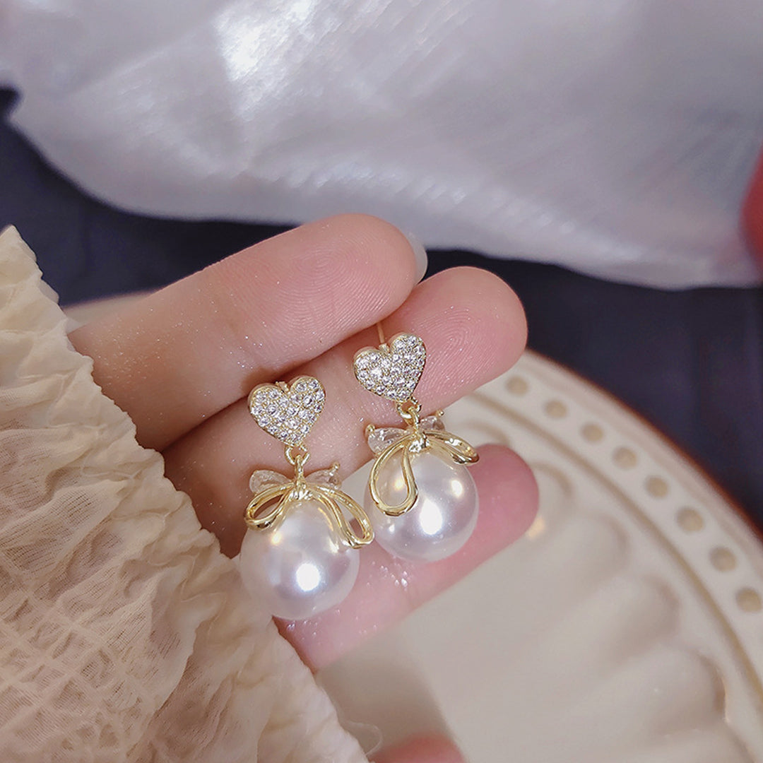 Love Bow and Pearl Stud Korean Earrings (2 Pcs/Set)