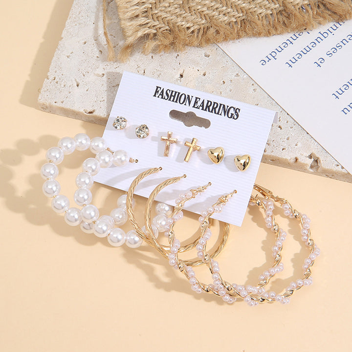 6 Pair Pearl Hoop and Stone Heart Stud Earrings