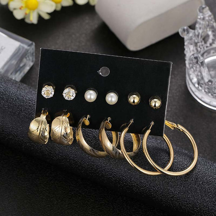Vembley Combo 6 Pair Stylish Gold Plated Big Pearl Studded Studs and Plain Hoop Earring for Women and Girls
