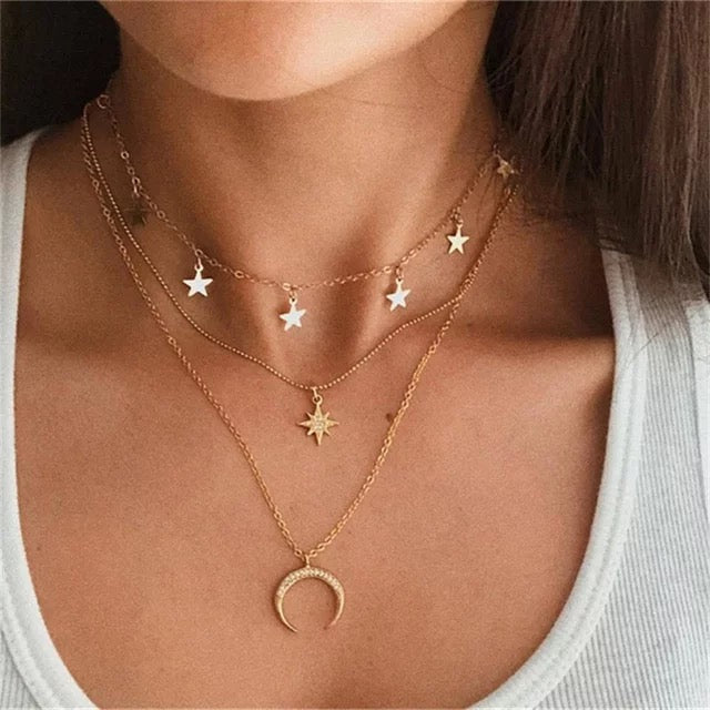 Vembley Pack Of 2 Gorgeous Gold Plated Multi Layered Star, Drop Half Moon and Earth Necklace for Women and Girls
