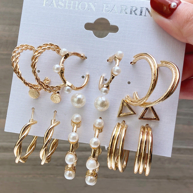Vembley Combo 9 Pair Stylish Gold Plated Pearl Hoop , Drop, Tiny and Studs Earrings for Women & Girls