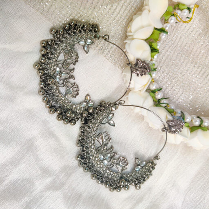 Beaded Silver Oxidised Hoop Chandbali Earrings
