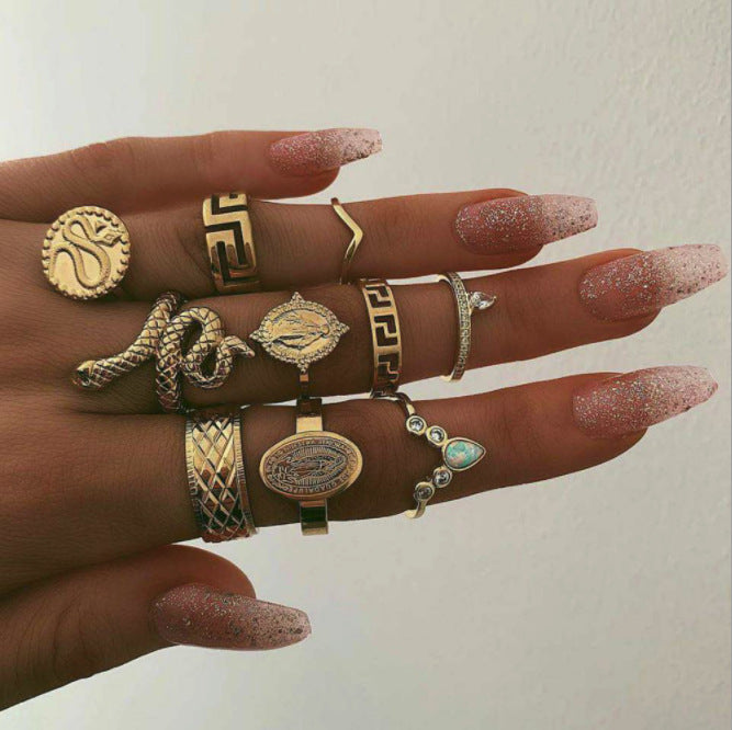 Vembley Fashion Gold Plated 10 Pcs Snake, Studded, Zig zag Boho Midi Finger Ring for Women and Girls