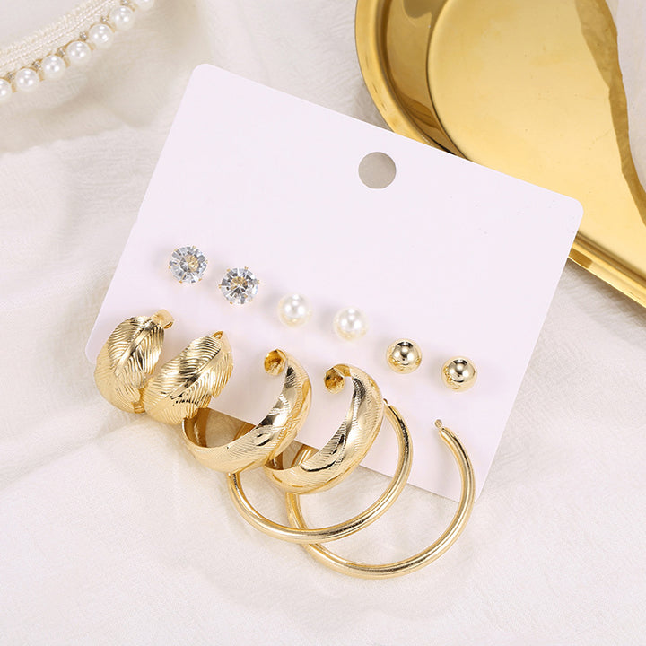 Vembley Combo 6 Pair Stylish Gold Plated Big Pearl Studded Studs and Plain Hoop Earring for Women and Girls