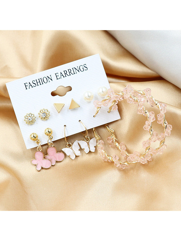 Combo of 12 Pair Pretty Gold Plated Flower Pearl Studs and Hoop Earrings