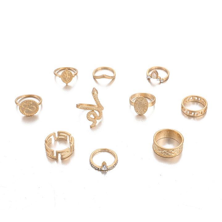 Vembley Fashion Gold Plated 10 Pcs Snake, Studded, Zig zag Boho Midi Finger Ring for Women and Girls