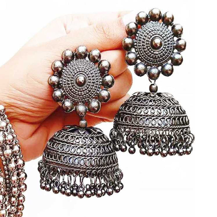 Black Silver Toned Dome Shaped Jhumki