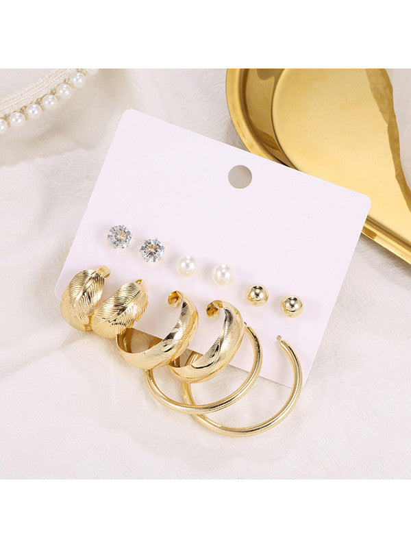 Combo of 12 Pair Trendy Gold Plated Pearl Studs and Leaf Hoop Earrings