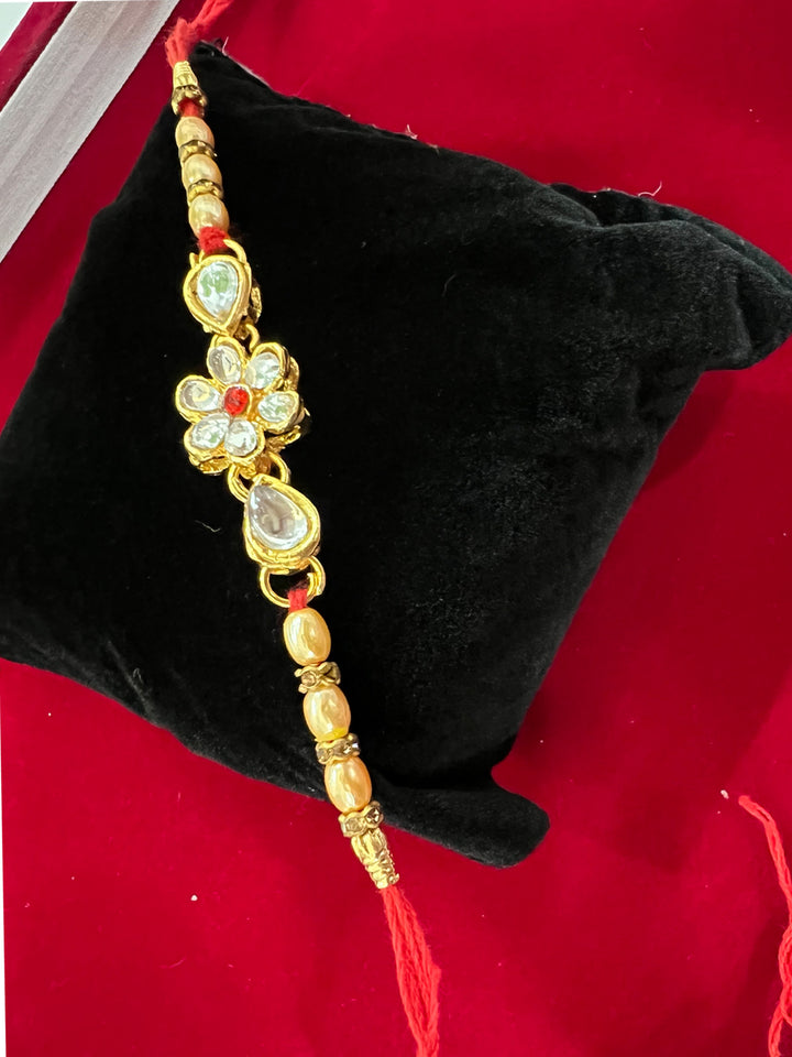 Beads Kundan Flower Design Thread Rakhi