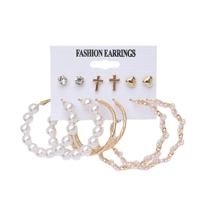6 Pair Pearl Hoop and Stone Heart Stud Earrings