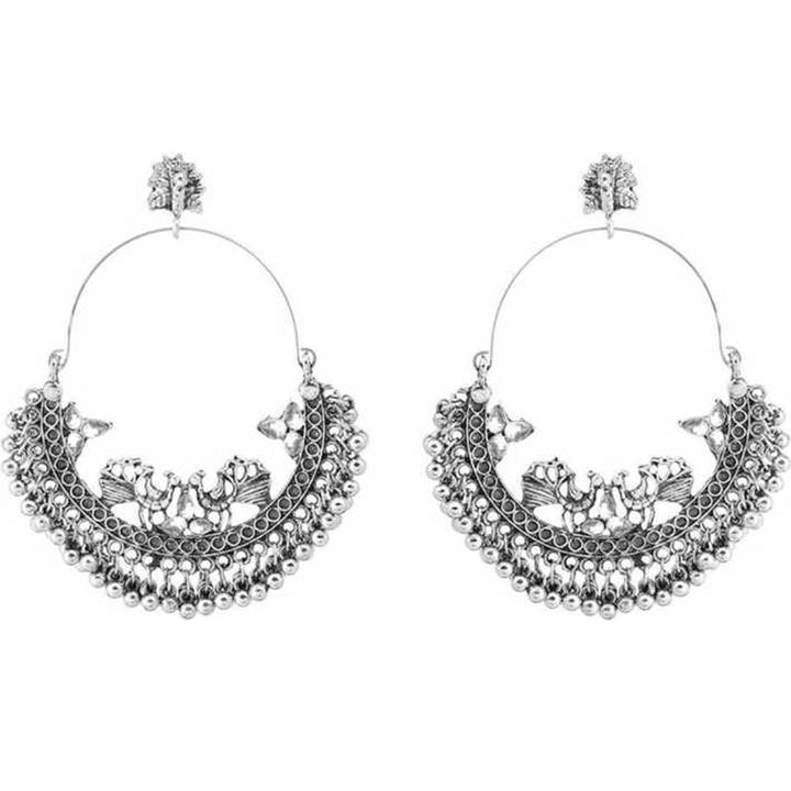 Beaded Silver Oxidised Hoop Chandbali Earrings