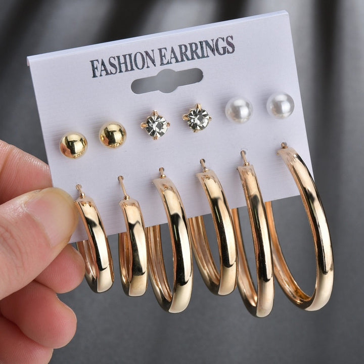 Vembley Combo 6 Pair Stunning Gold Plated Pearl Stone Studs and Plain Short Big Hoop Earrings for Women and Girls