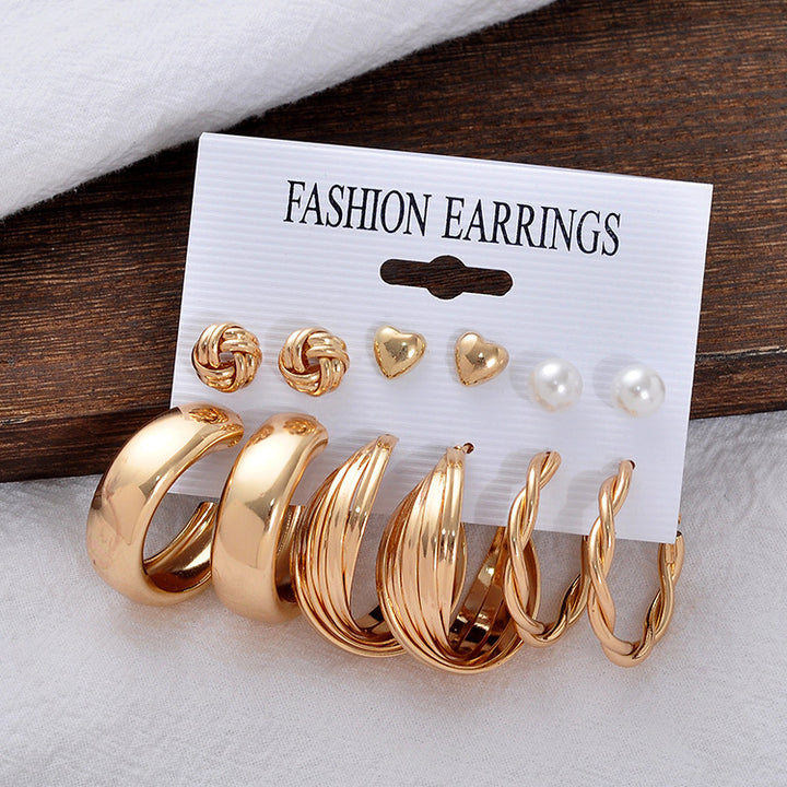 6 Pair Twisted Chain Hoop and Pearl Stud Earrings