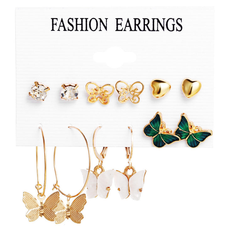 Vembley Combo 6 Pair Elegant Gold Plated Crystal Butterfly Studs and Hoops Earrings for Women and Girls