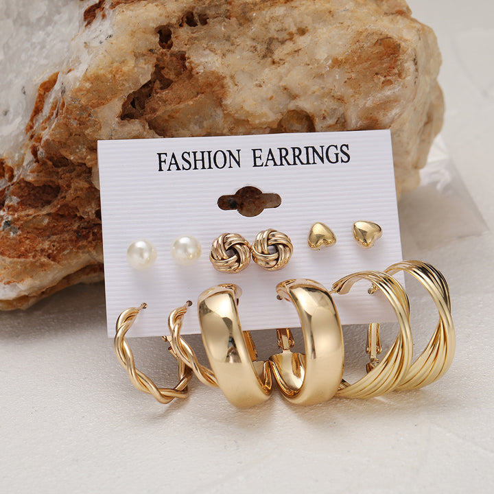 6 Pair Twisted Chain Hoop and Pearl Stud Earrings