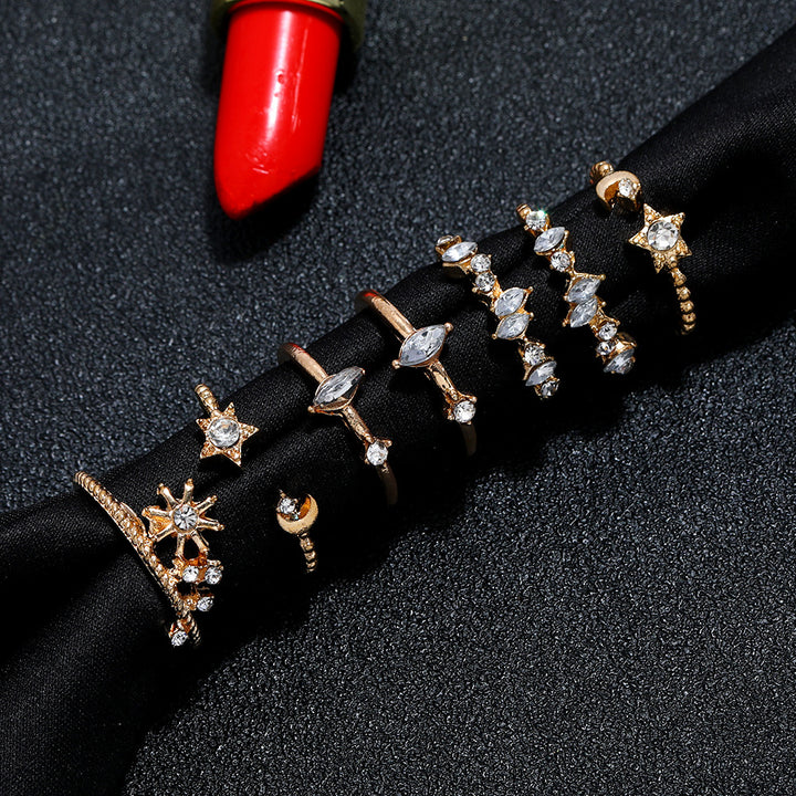 Golden Seven Piece White Crystal Multi Designs Ring Set