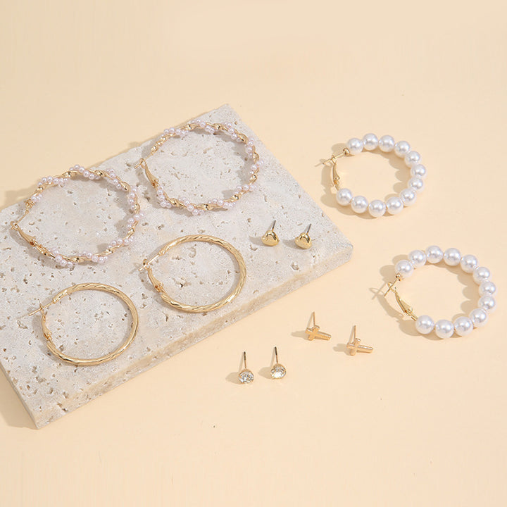 6 Pair Pearl Hoop and Stone Heart Stud Earrings