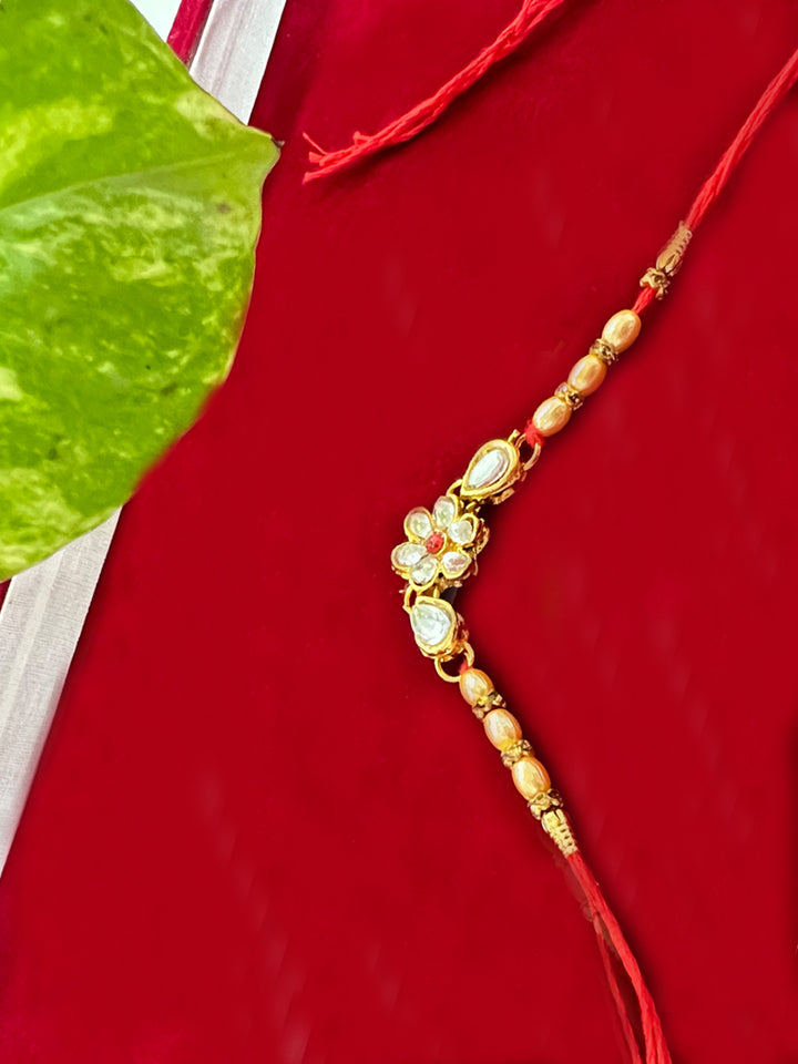 Beads Kundan Flower Design Thread Rakhi