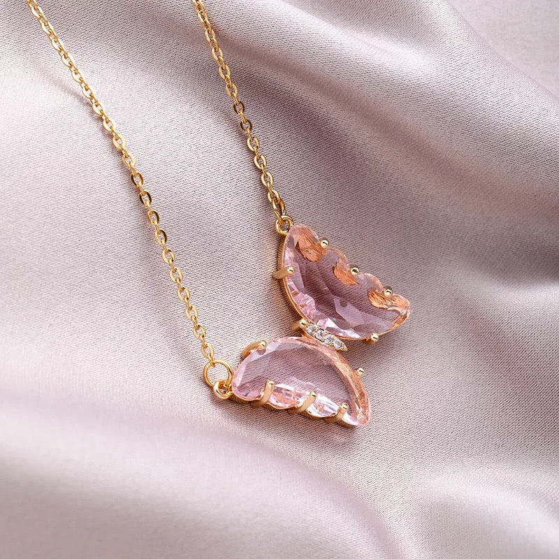 Gold Plated Pink Crystal Butterfly Pendant1