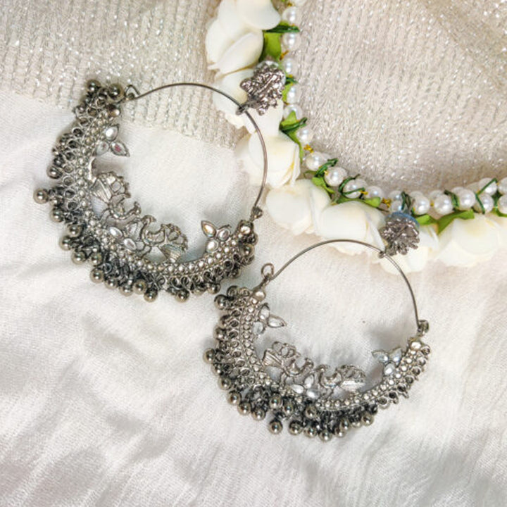 Beaded Silver Oxidised Hoop Chandbali Earrings