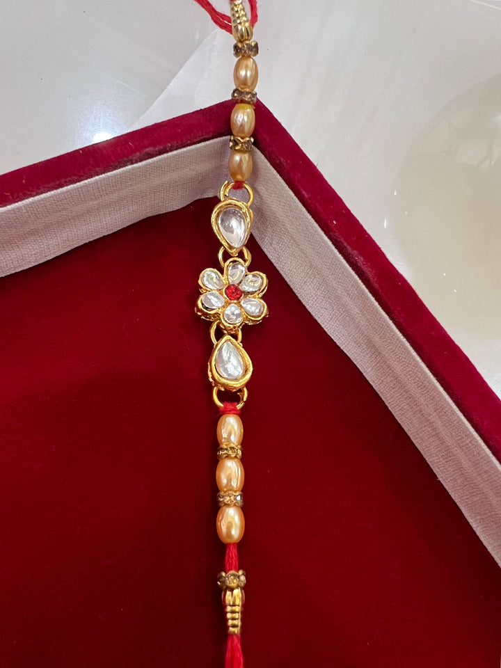 Beads Kundan Flower Design Thread Rakhi