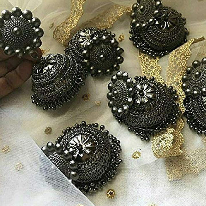 Black Silver Toned Dome Shaped Jhumki