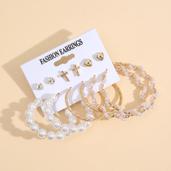 6 Pair Pearl Hoop and Stone Heart Stud Earrings