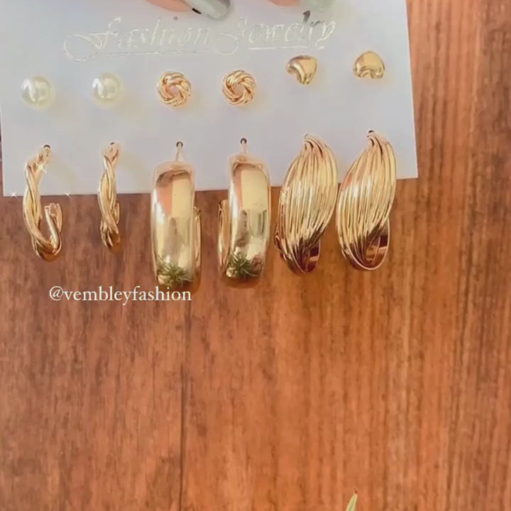 6 Pair Twisted Chain Hoop and Pearl Stud Earrings