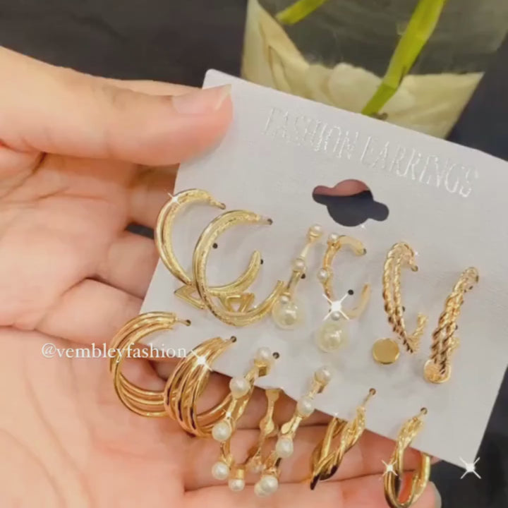 Combo 9 Pairs Gold Plated Pearl Studs And Hoop Earrings