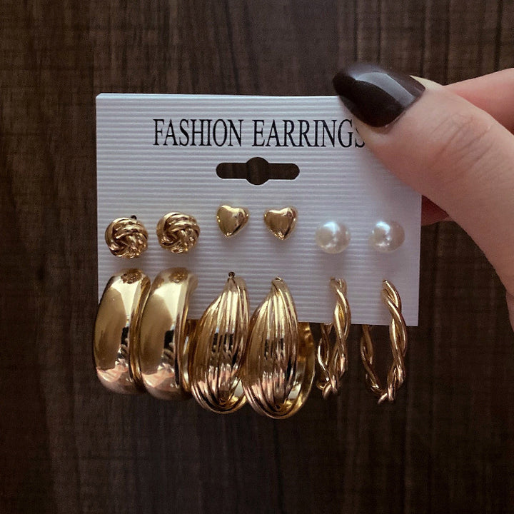 6 Pair Twisted Chain Hoop and Pearl Stud Earrings
