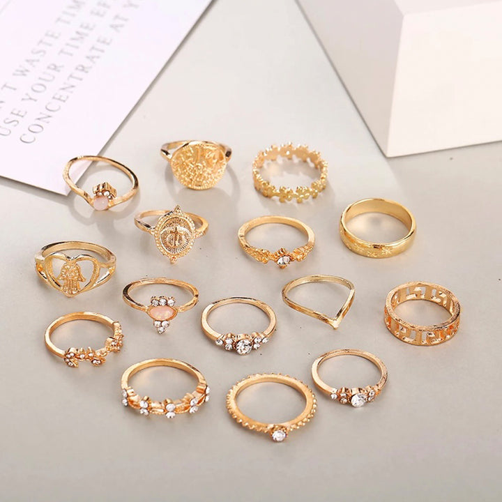 15 Piece Vintage Coin Cross Good Luck Ring Set