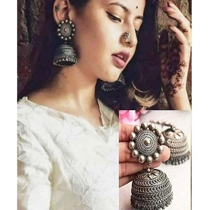 Black Silver Toned Dome Shaped Jhumki