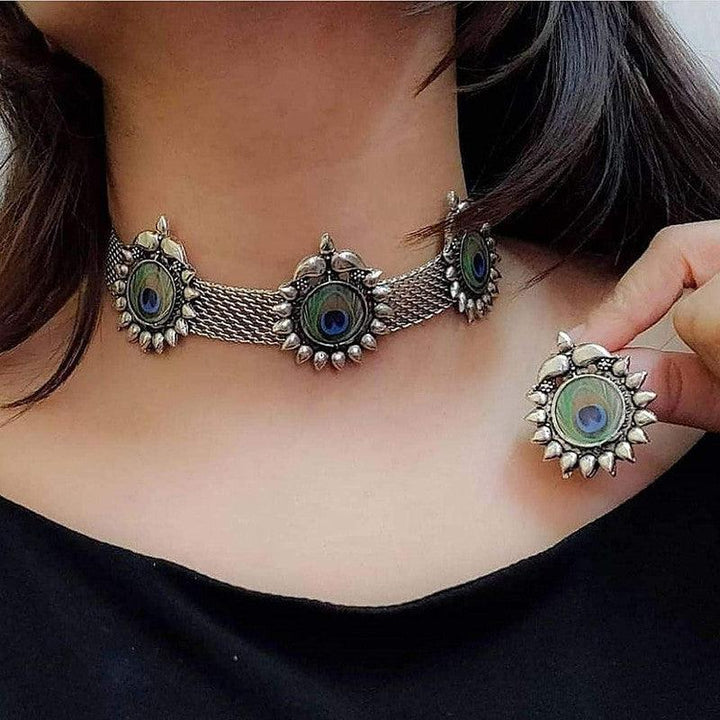 Silver Antique Peacock Choker Necklace with Earring Jewellery Set