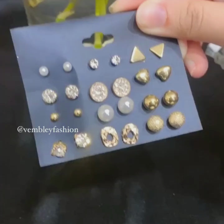 Combo Of 12 Pair Golden Stones Pearl Stud Earrings