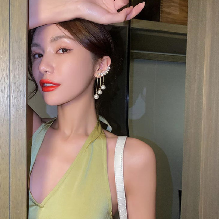 Zircon Ear Cuff With Pearl Tassel Korean Earrings 2Pcs/Set