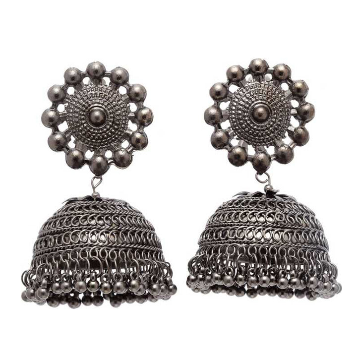 Black Silver Toned Dome Shaped Jhumki