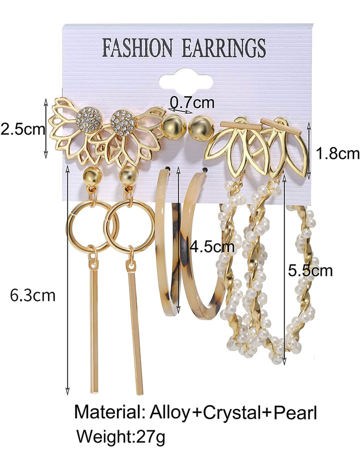 6 Pair Pearl Marble Hoop And Flower Stud Earrings