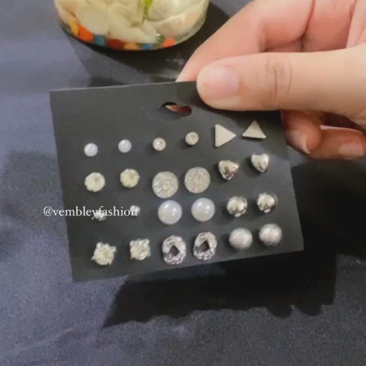 Combo Of 12 Pair Silver Stones Pearl Stud Earrings