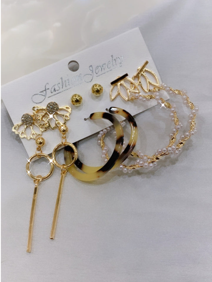 6 Pair Pearl Marble Hoop And Flower Stud Earrings