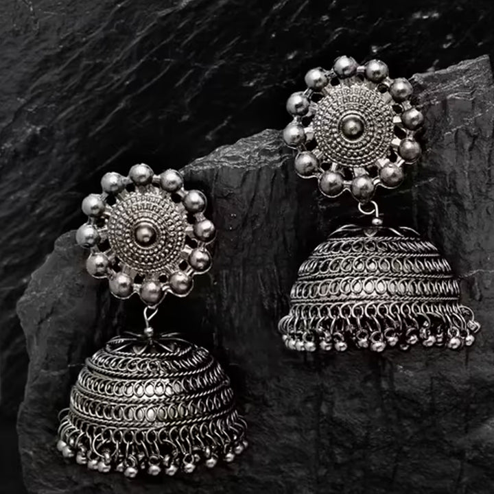 Black Silver Toned Dome Shaped Jhumki