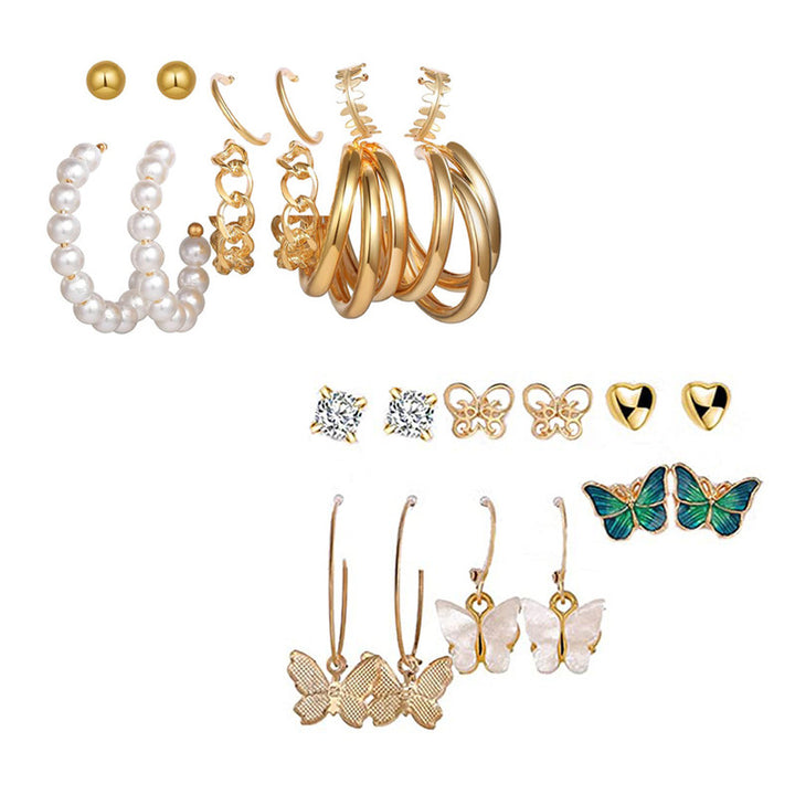 Combo of 12 Pair Enamelled Gold Plated Butterfly Crystal Studs and hoop Earrings