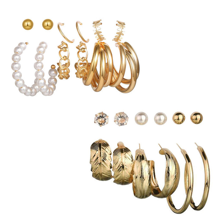 Combo of 12 Pair Stunning Gold Plated Pearl Studs and Leaf Hoop Earrings