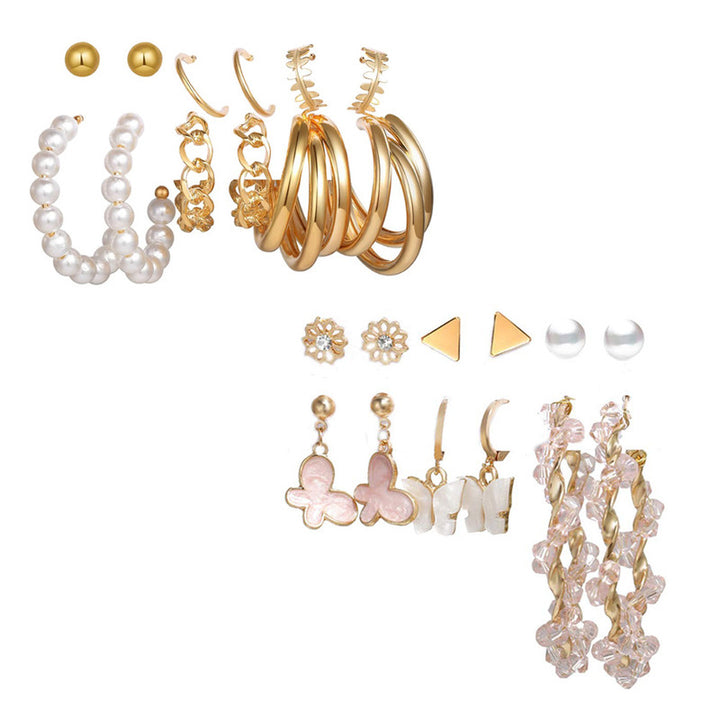 Combo of 12 Pair Pretty Gold Plated Pearl Flower Studs and Hoop Earrings