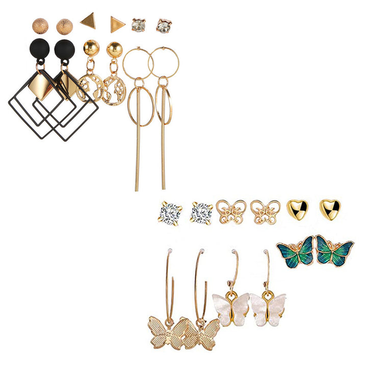 Combo of 12 Pair Gold Plated Butterfly Crystal Studs and hoop Earrings